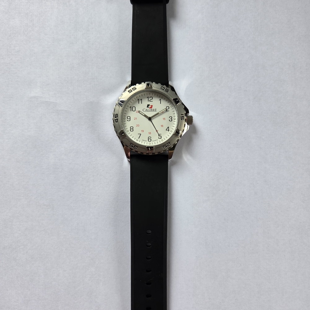 Calibre White Dial Watch with Black Silicone Strap. Swiss Quartz Watch.